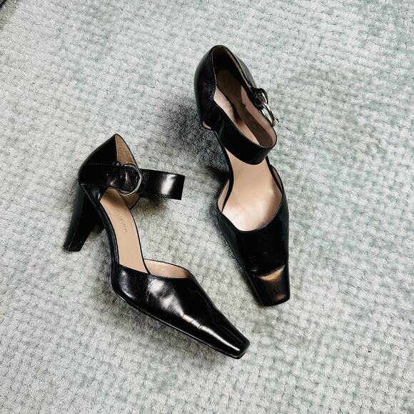 Vintage Y2K Black Leather Ankle Strappy Kitten Heel Square Toe Mule Pointed 9 - Picture 1 of 4